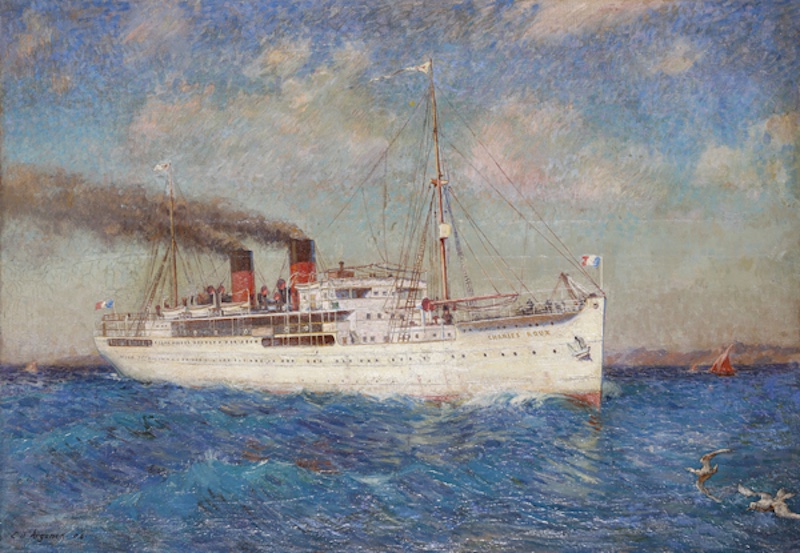 Eugène d’Argence (1853 1920), Le paquebot « Charles Roux », 1907 1936, de la Cie Générale Transatlantique, circa 1908, Huile sur toile 73 x 106 cm